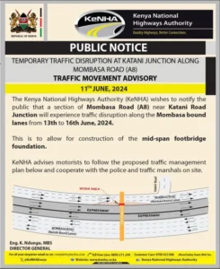 Kenya National Highways Authorit Temporarily Closes Mombasa Road For Upgrades