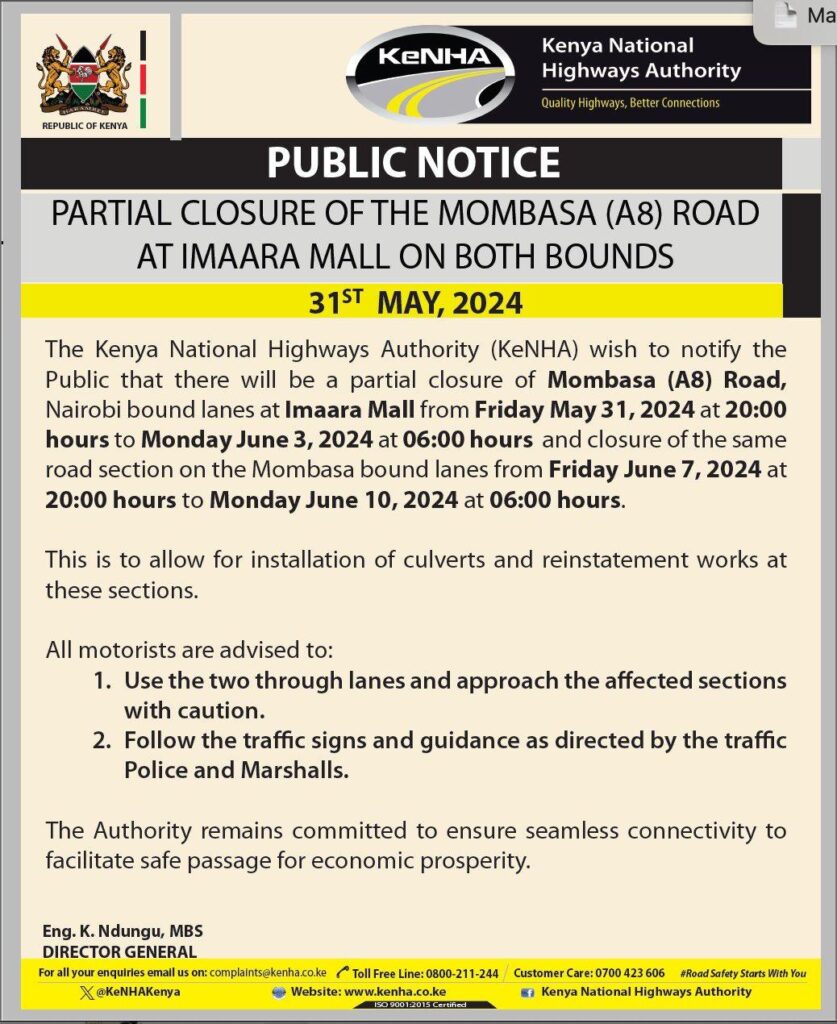 KeNHA Announces Partial Closure Of Mombasa Road