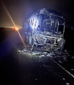 Panic As PSV Bus Is Destroyed By Fire Along Nairobi–Mombasa Highway In Makindu