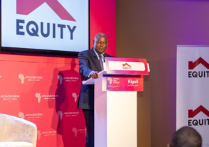 Equity Group Managing Director and CEO, Dr. James Mwangi addresses guests during the tech-themed breakfast hosted by Equity Group on the sidelines of the ongoing Africa CEO Forum.