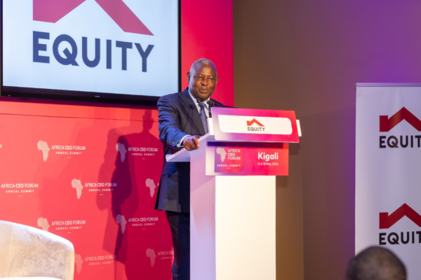 Equity Group Managing Director and CEO, Dr. James Mwangi addresses guests during the tech-themed breakfast hosted by Equity Group on the sidelines of the ongoing Africa CEO Forum.