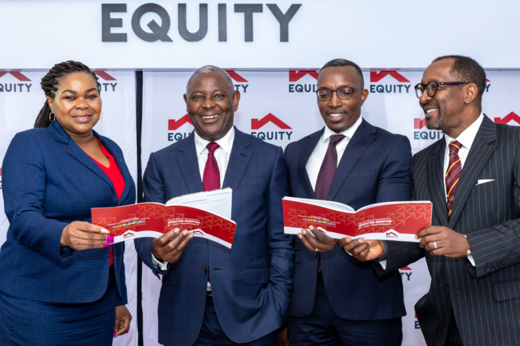 (L-R) ELAK Managing Director and Principal Officer Angela Okinda, Equity Group Managing Director and CEO Dr James Mwangi, Equity Health Insurance Kenya (EHIK) Limited Dr Patrick Gatonga and Managing Director for Asset Management at ELAK Richard Byarugaba during the release of Q1 2026 Financial results in Nairobi where Equity Insurance business emerged as third growth engine of the group.